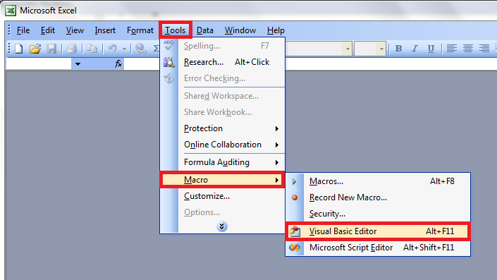 How to run VBA editor from menu level (Excel 2003)