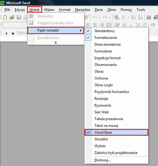 Aktywacja paska narzędzi VBA z poziomu paska menu Excela